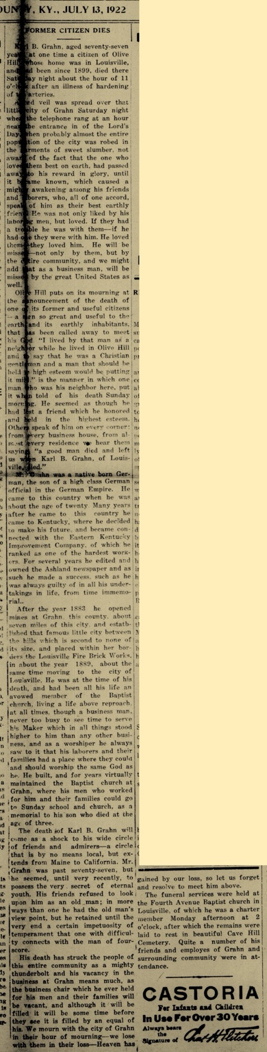 Newspaper obituary for Karl B. Grahn dated July 13, 1922