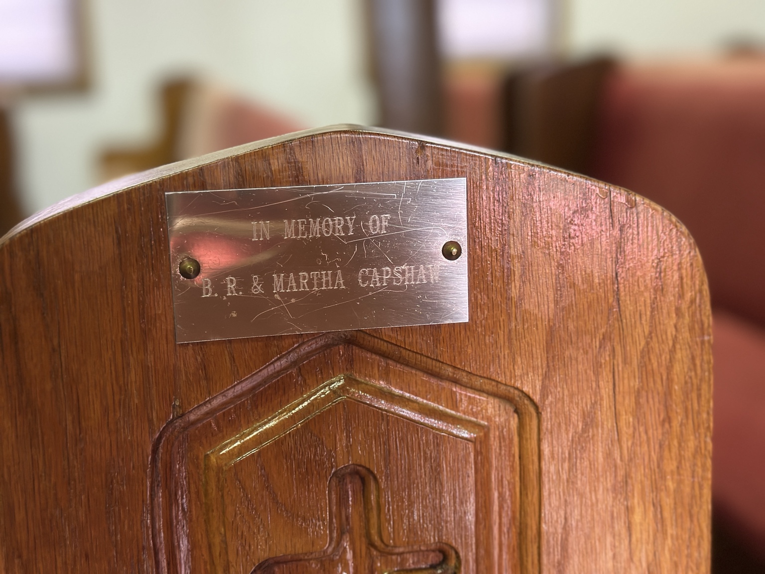 Memorial plaque reading In memory of B. R. & Martha Capshaw
